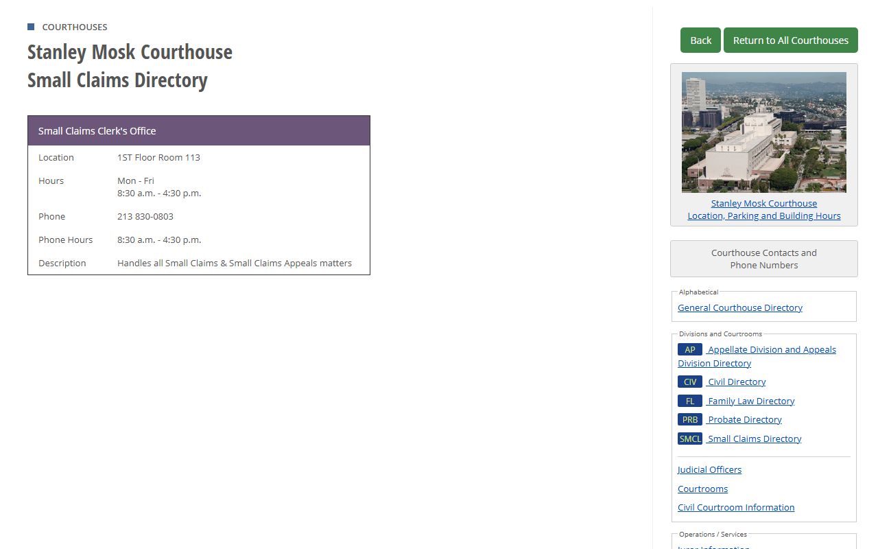 Los Angeles County court records Stanley Mosk small claims directory
