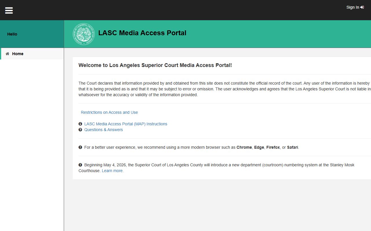 Los Angeles County court records - LA Court Media Access Portal landing page for press and media agencies