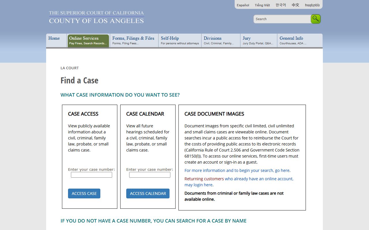 Los Angeles County court records - LA Court online services case access landing page listing covered case types