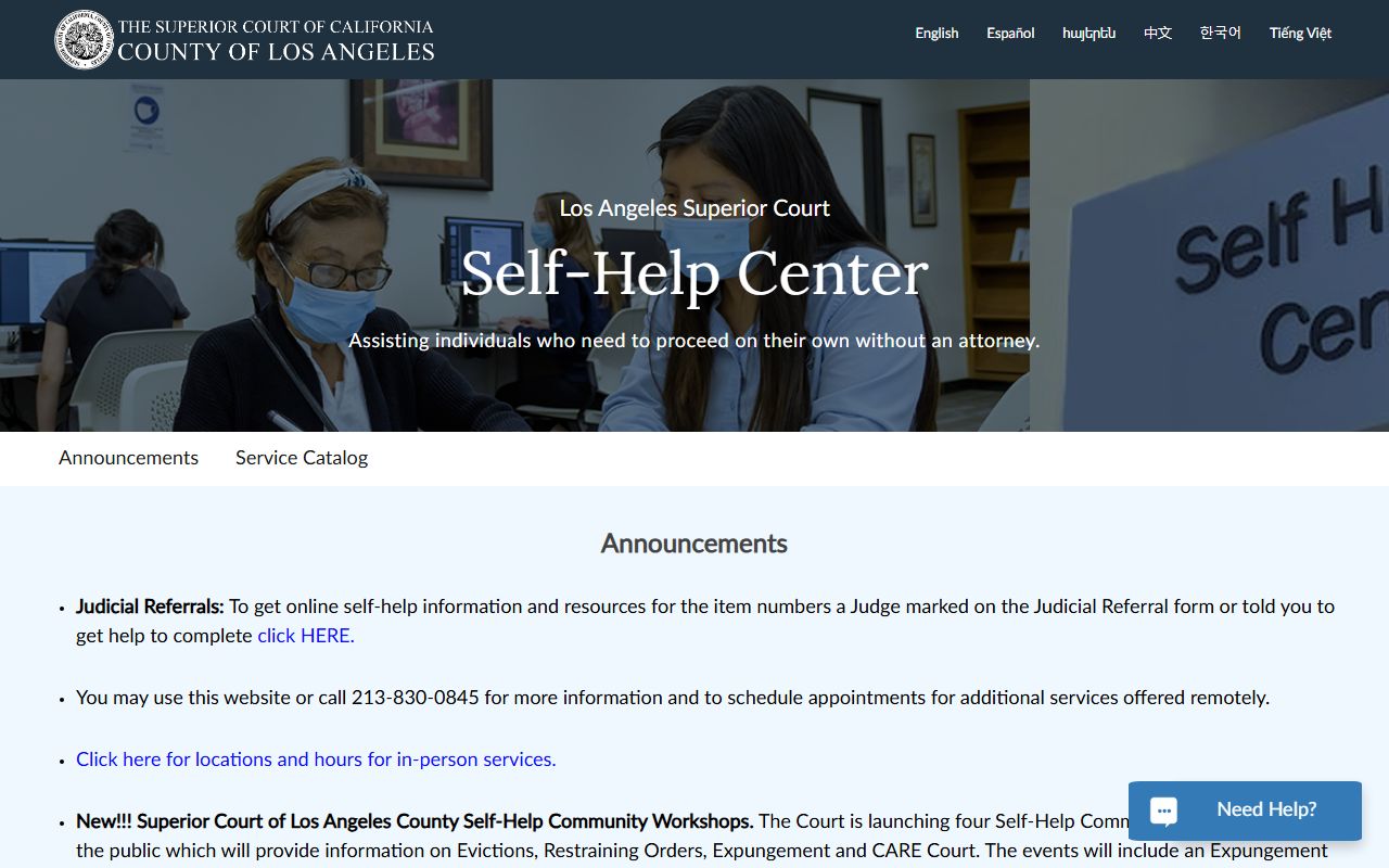 Los Angeles County court records - LA Court Self-Help Service Catalog landing page for self-represented litigants