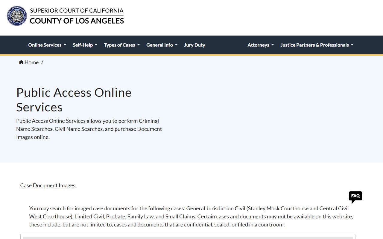 Los Angeles County court records - PAOS document image search page with case types, date ranges, and per-page fees