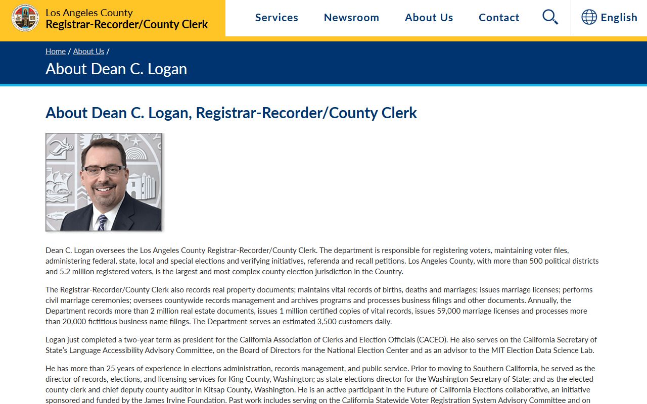 Los Angeles County Clerk RR/CC biography page for Dean C. Logan