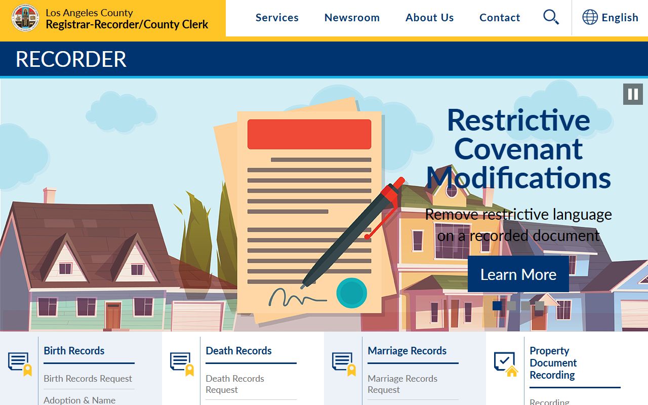 Los Angeles County Clerk RR/CC recorder landing page service grid