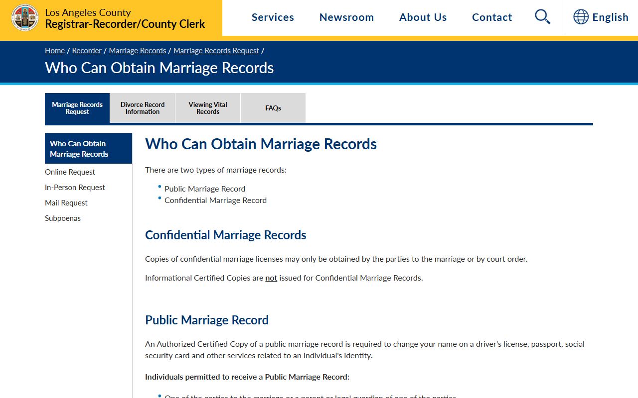 Los Angeles County marriage record access and authorized recipient rules