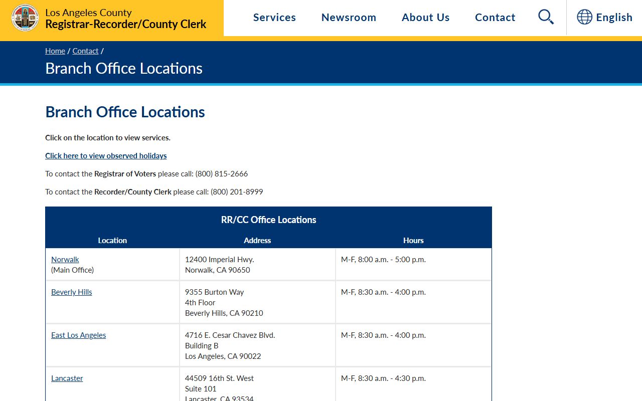 Los Angeles County RR/CC branch office locations and hours table