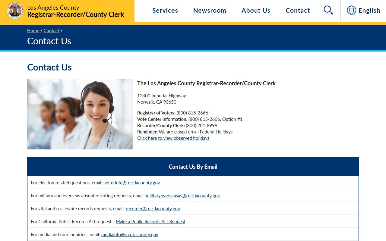 Los Angeles County RR/CC contact page used for marriage record requests
