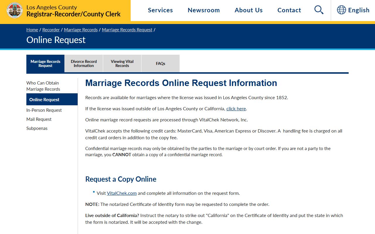 Los Angeles County public records online marriage request page