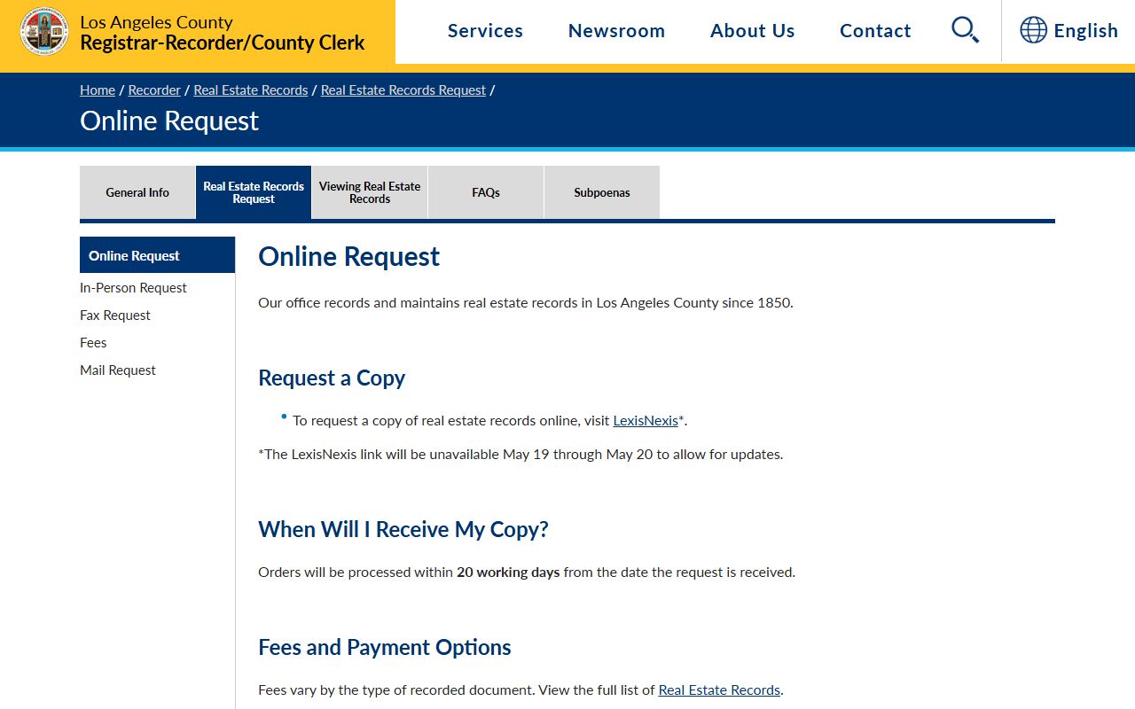 Los Angeles County public records real estate online copy request