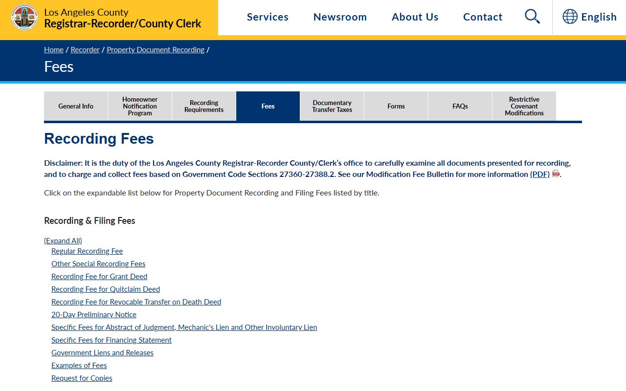 Los Angeles County public records RR/CC property document recording fees
