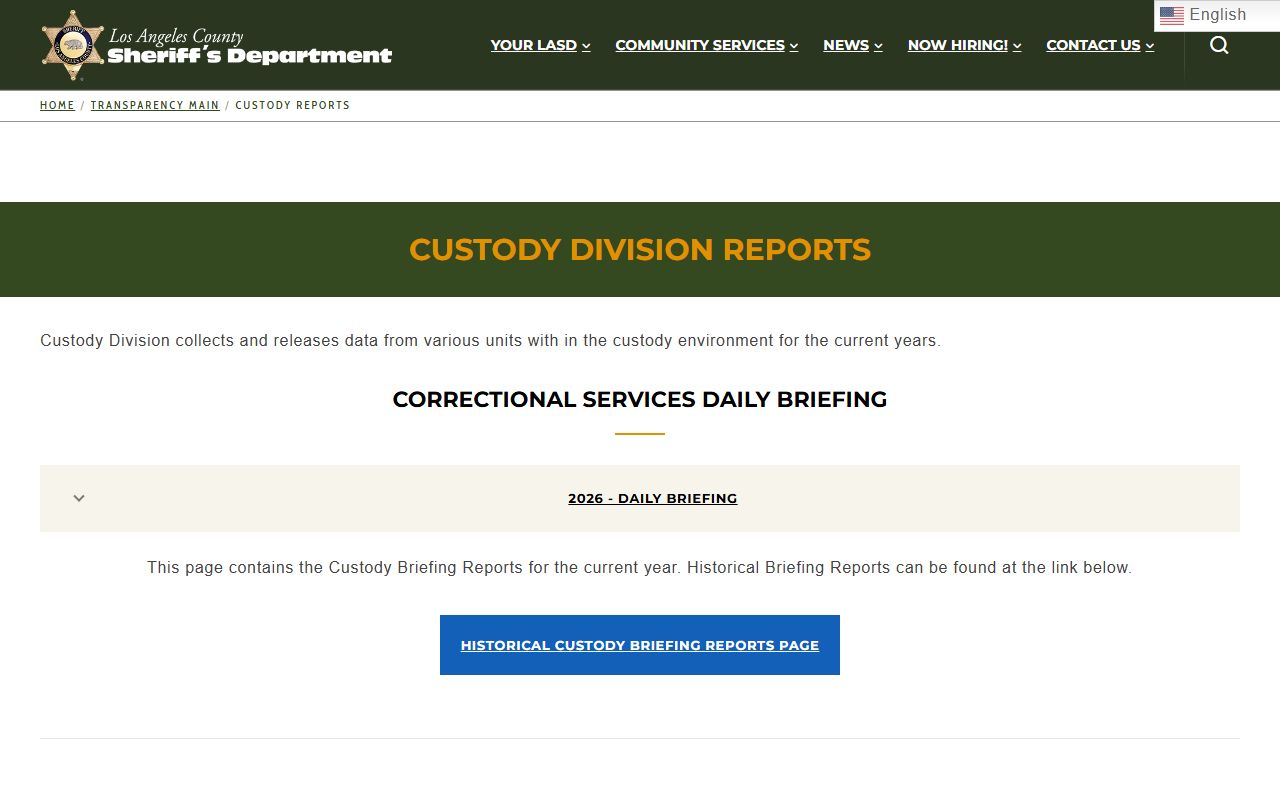 LASD custody reports page covering Los Angeles County inmate facility inspections