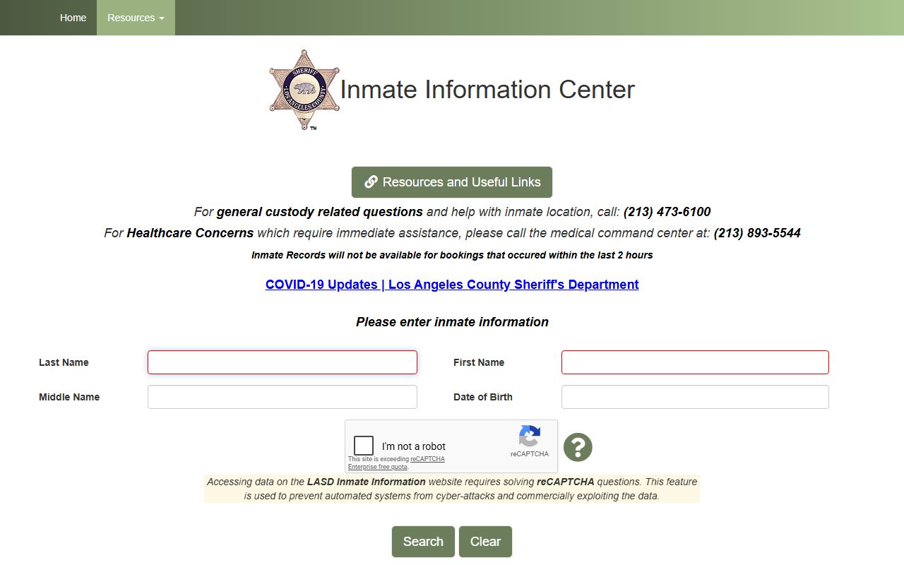 LASD Inmate Information Center search page for Los Angeles County inmate records