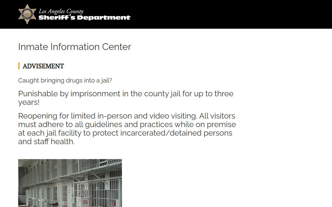 LASD IVVS advisement page for Los Angeles County inmate visitation