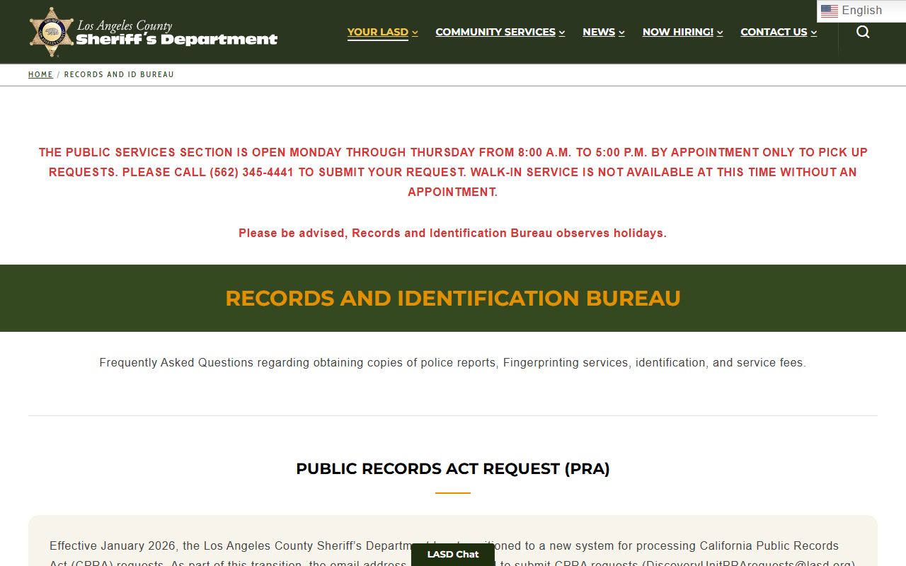 LASD Records and ID Bureau FAQ for Los Angeles County inmate records requests