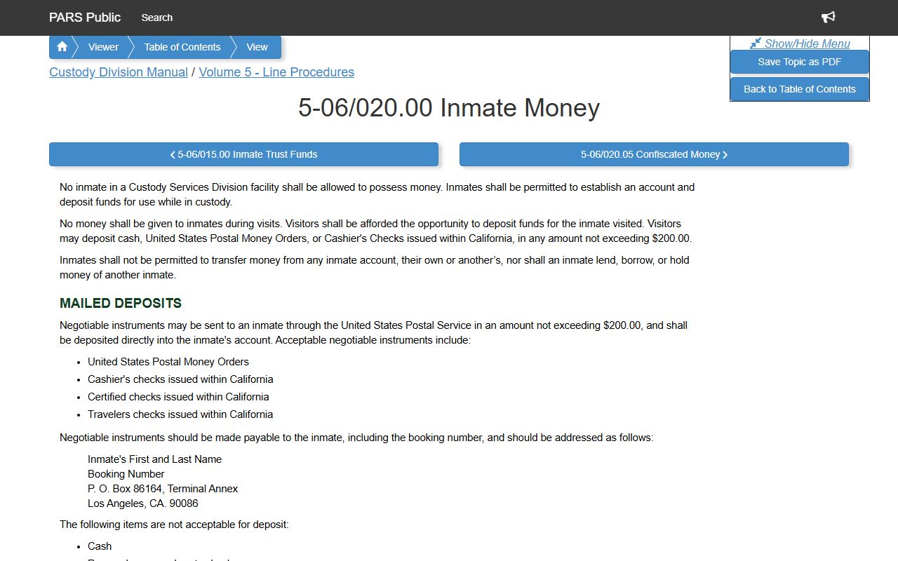 LASD Custody Division Manual Inmate Money rules covering Los Angeles County released inmate funds