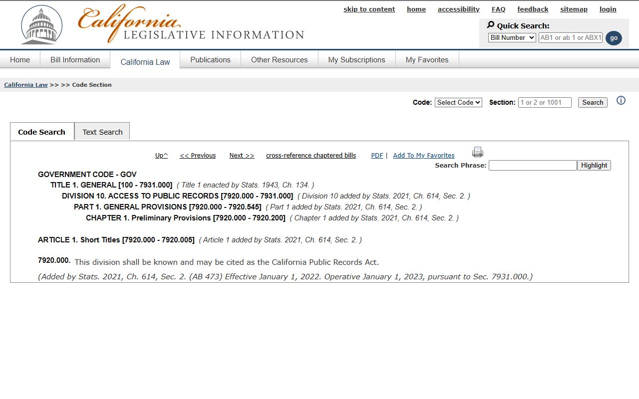 Los Angeles County court records - California Government Code section 7920.000 California Public Records Act title page