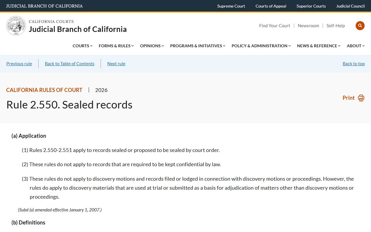Los Angeles County court records - California Rule of Court 2.550 official rule text for sealed records