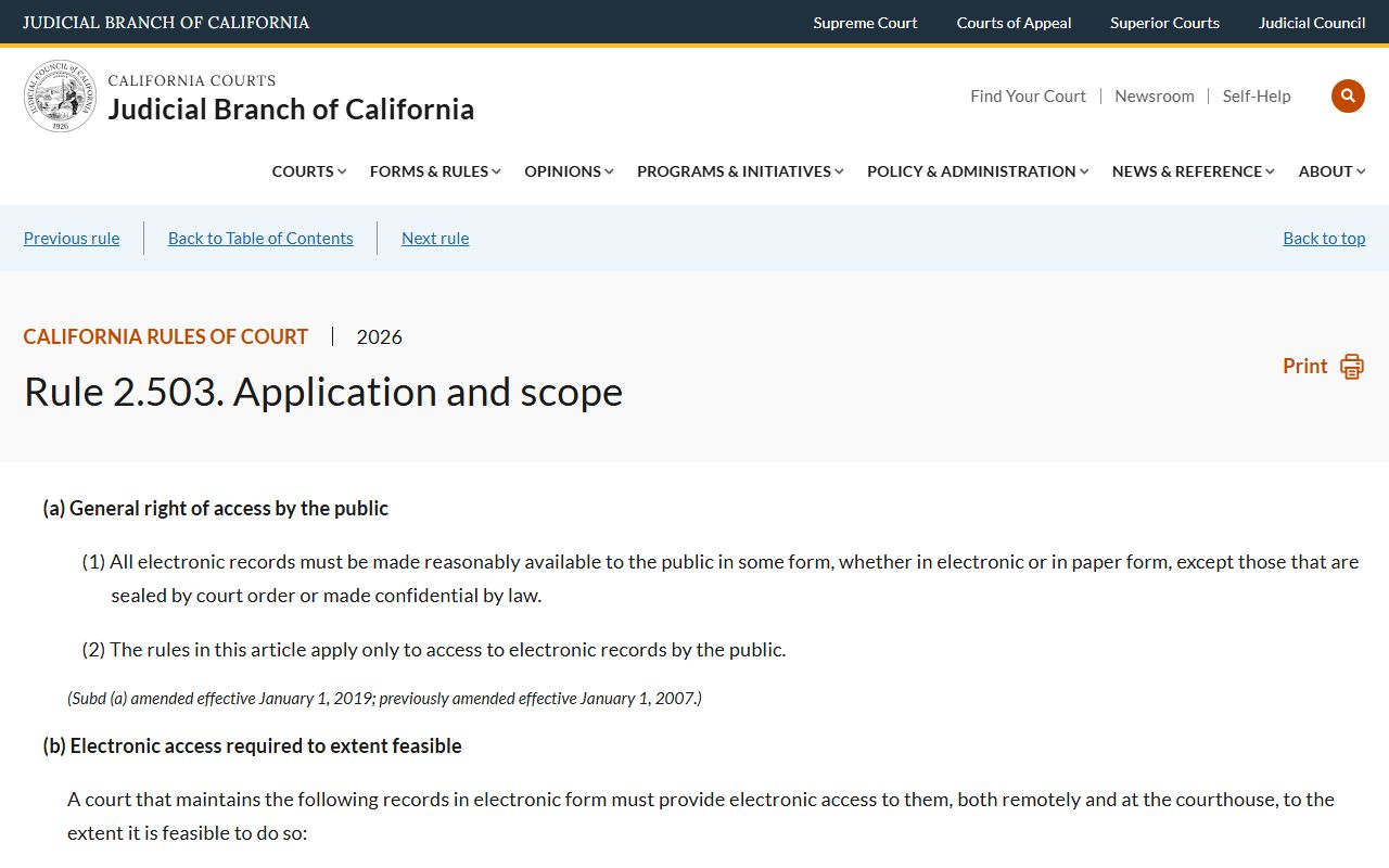 Los Angeles County court records - California Rule of Court 2.503 official rule text for electronic access to trial court records