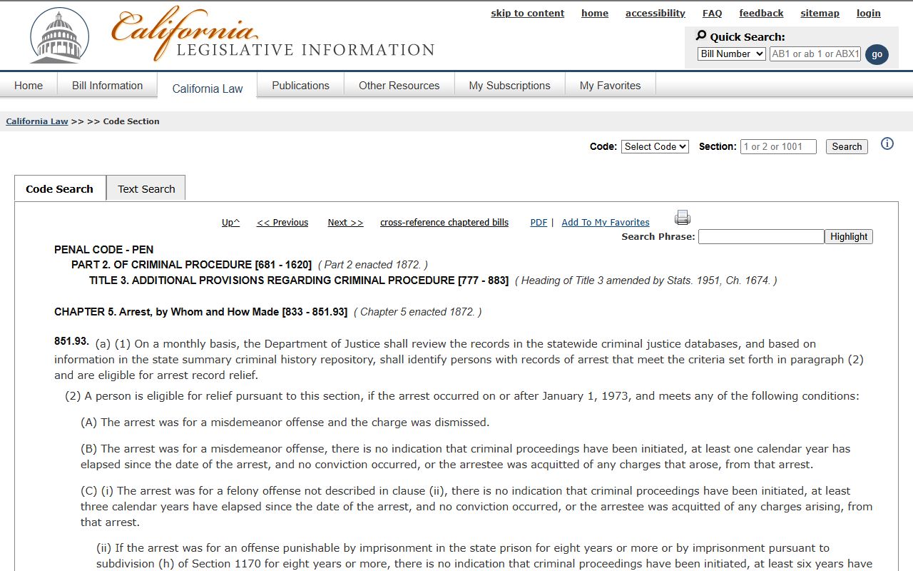 Los Angeles County criminal records automatic arrest relief under section 851.93