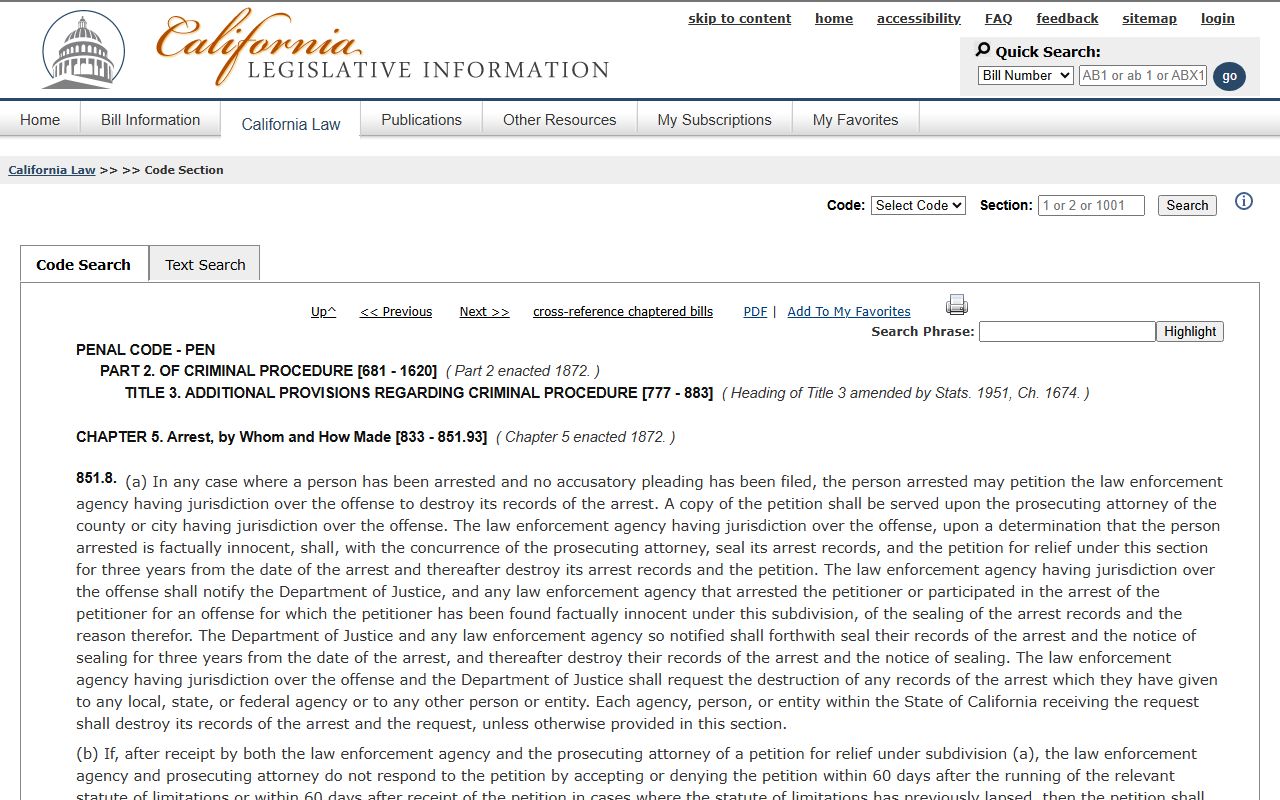 Los Angeles County criminal records factual innocence sealing under section 851.8