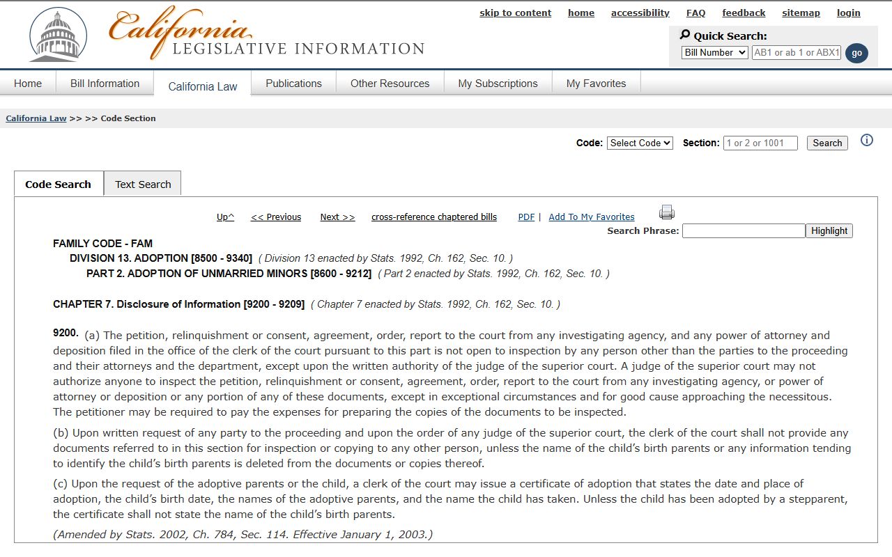 California Family Code section 9200 adoption records confidentiality referenced for sealed Los Angeles County probate items