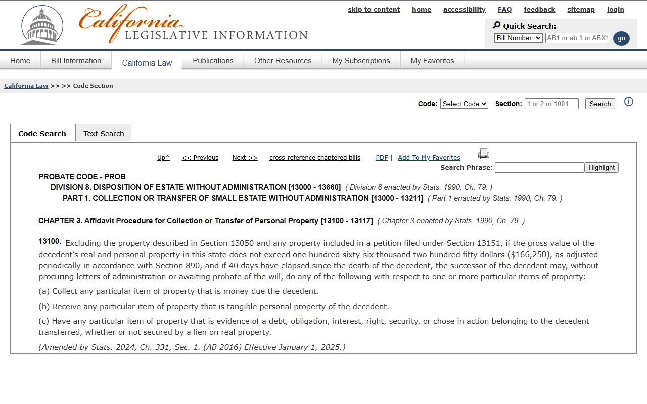 California Probate Code section 13100 small-estate affidavit threshold used by Los Angeles County heirs