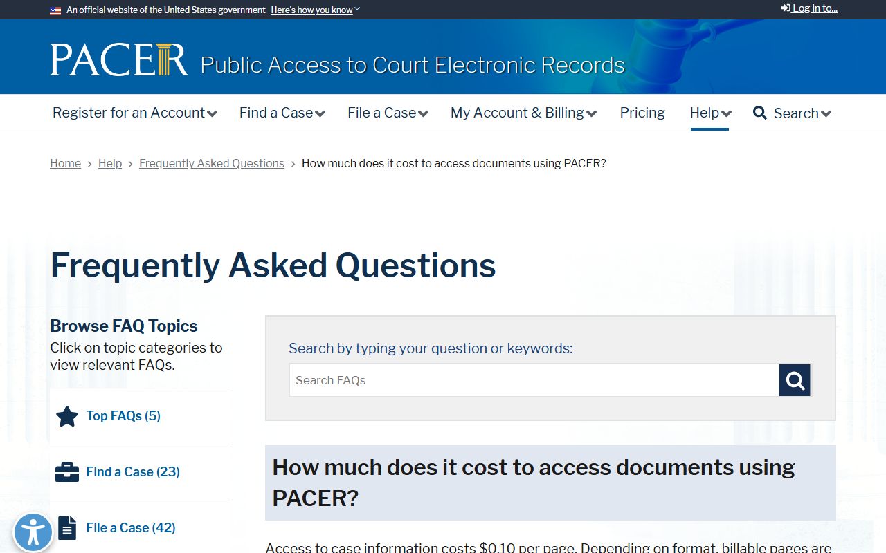 PACER fee FAQ relevant to Los Angeles County federal inmate case research