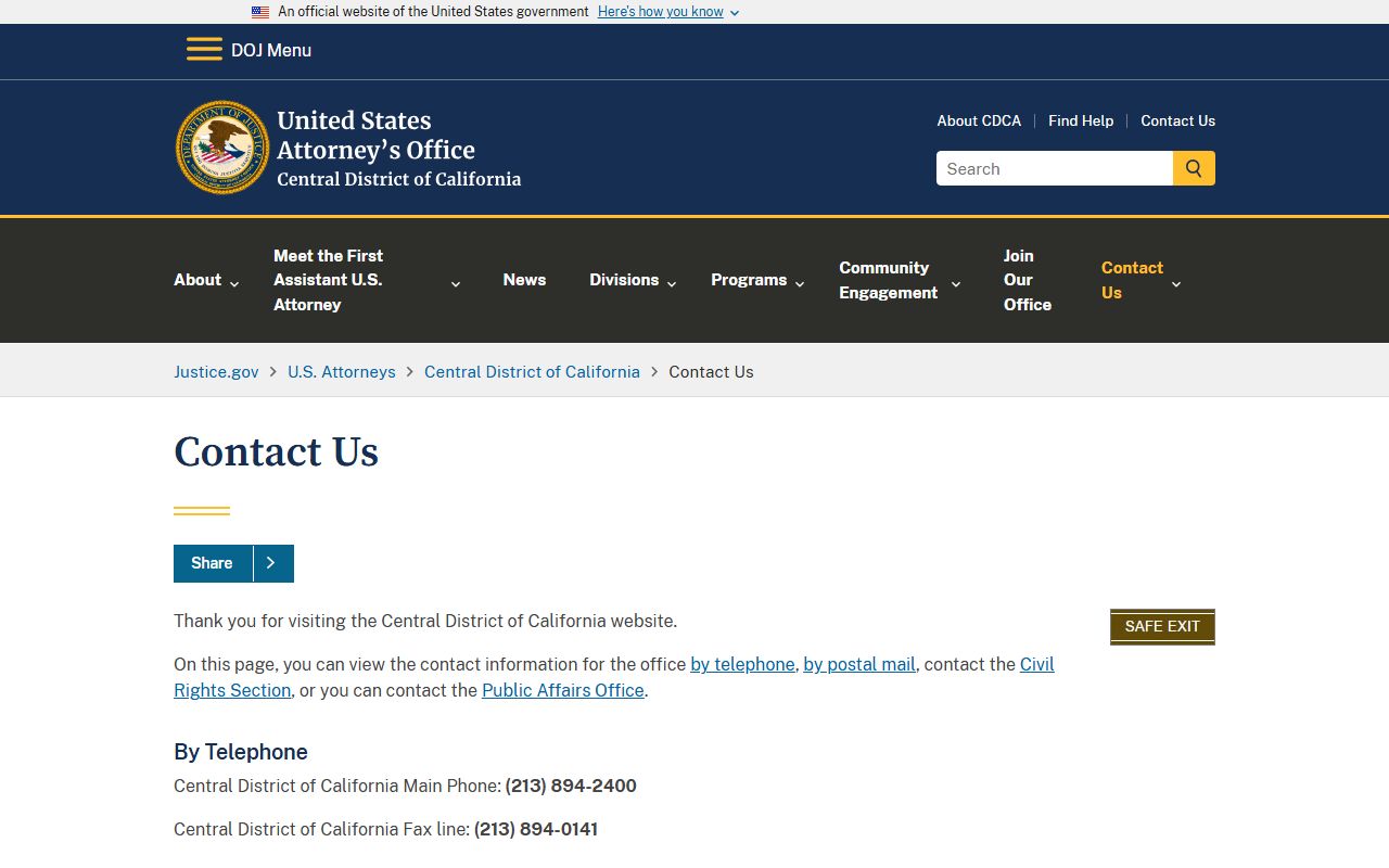 U.S. Attorney's Office Central District of California for Los Angeles County federal cases