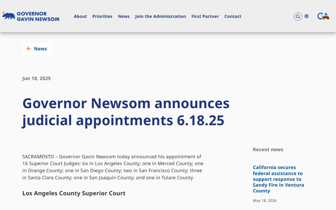 Los Angeles County warrant records Governor Newsom judicial appointments June 2025