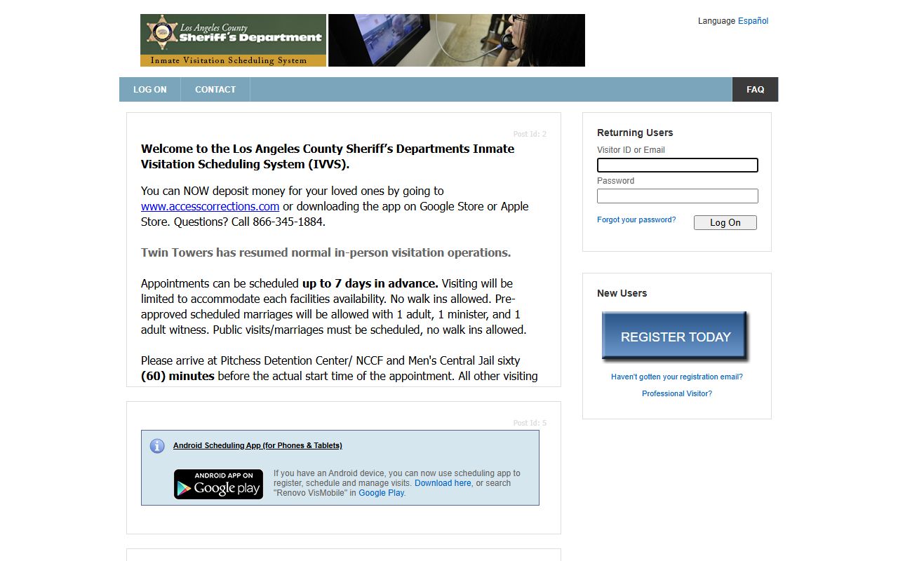 Los Angeles County warrant records inmate video visitation system used for LASD custody contact